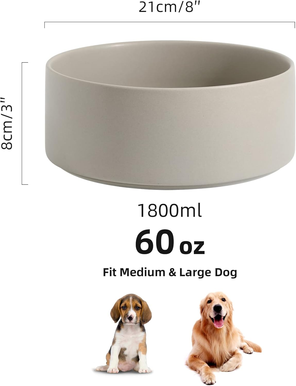 Havniva Non-Slip 8.2Inch Ceramic Dog Food and Water Bowl for Large Breed Dogs, Pet Bowl for Replacement (Single Bowl, Grey)