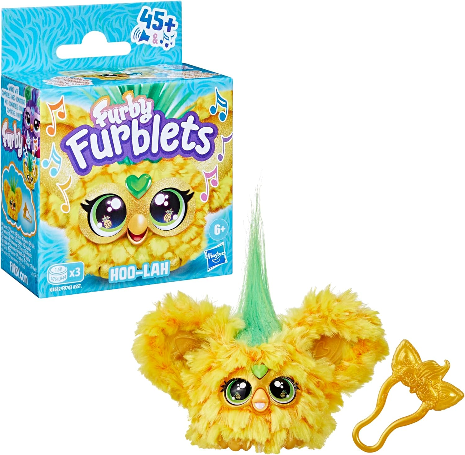 Furby Furblets Hoo-Lah Pineapple Mini Friend, 45+ Sounds & Music, Speaks Only Furbish, Electronic Plush Toys for 6 Year Olds & Up, Yellow & Green image number 4