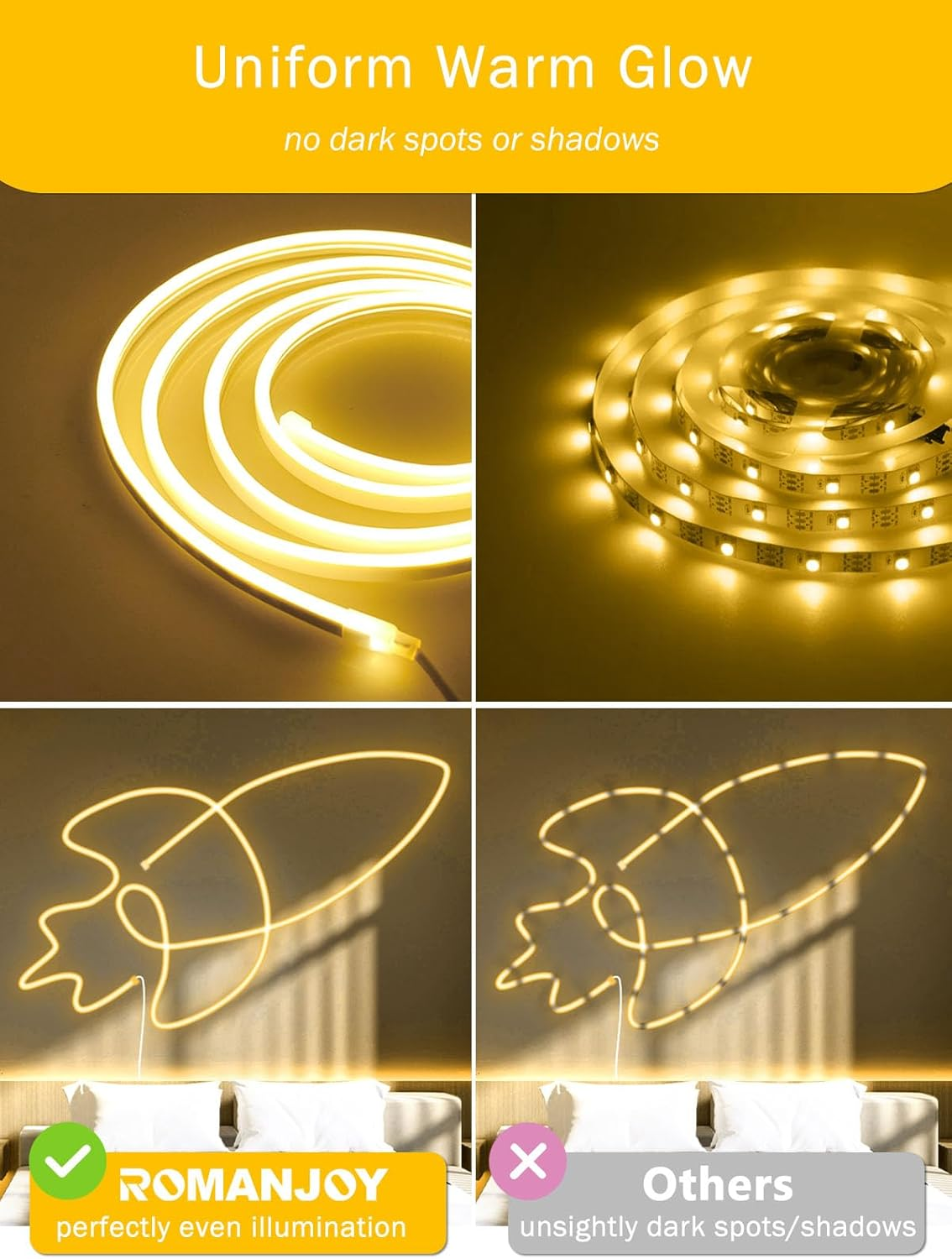 ROMANJOY LED Strip 10M, 2700K Warm White, 24V Cuttable Neon Rope Light, Outdoor Waterproof Silicone Strip Lights for Bedroom, Ceiling, Cabinet, Staircase, Wall, TV Backlight, Pool image number 6