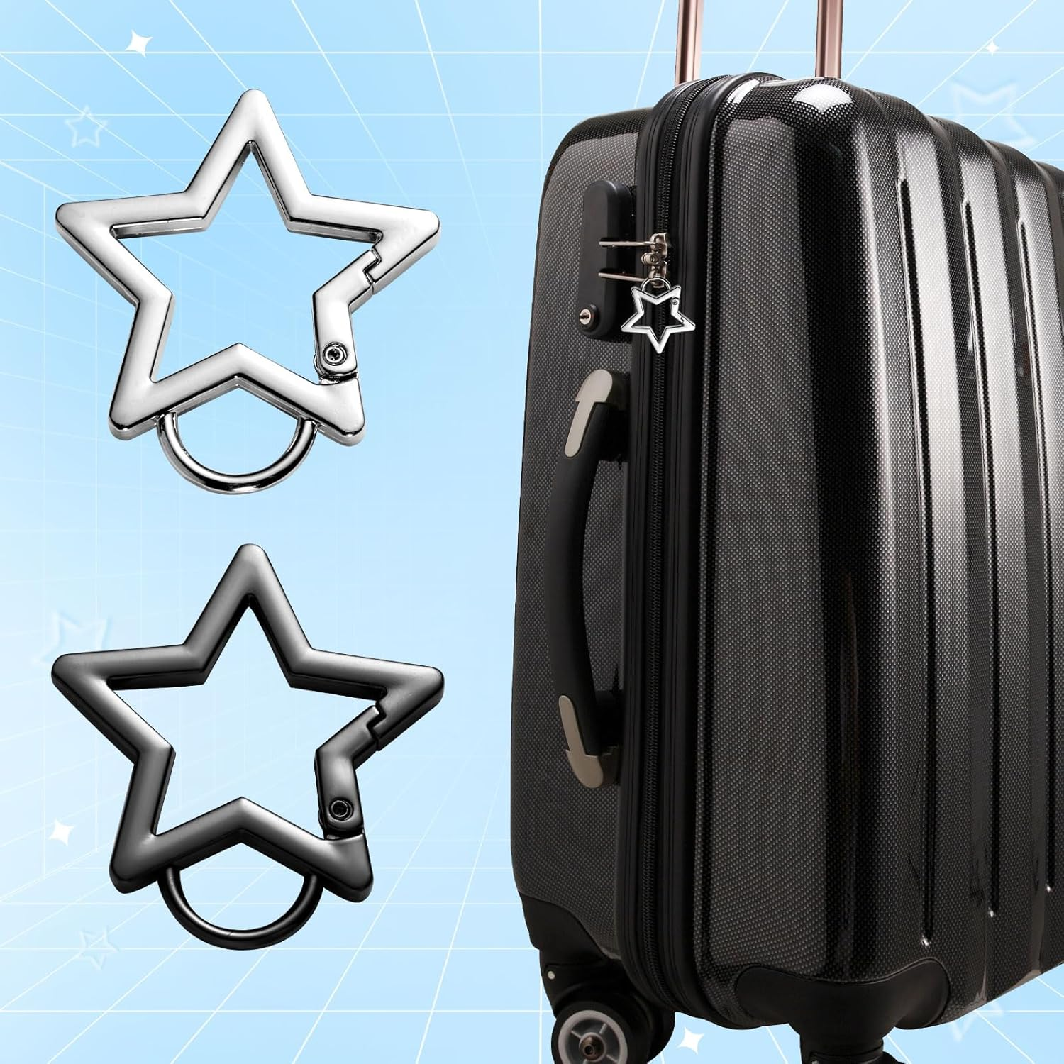 4 X Star Carabiners, 4 Cm and 3.2 Cm Zinc Alloy Climbing Carabiner Fashion Star Shape Key Ring for Camping Outdoor Travel (Black, Silver) image number 3