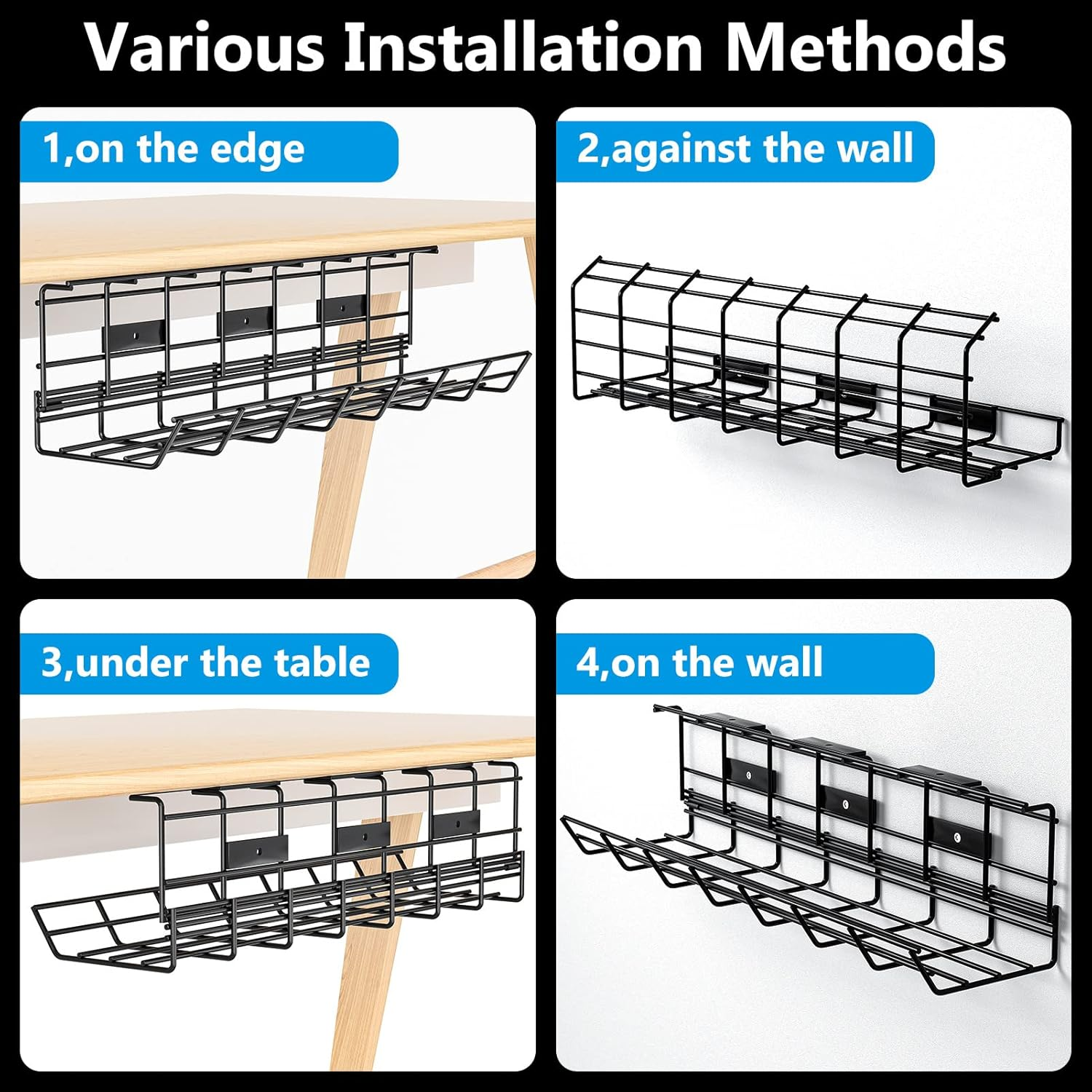 Under Desk Cable Management Trays, 2 Pack Metal Cable Tray , under Desk Cord Management Rack, Wire Tray Desk Cable Organizer, 34In Cable Basket, 2X L17 W4.1 H4.7In, Black image number 6