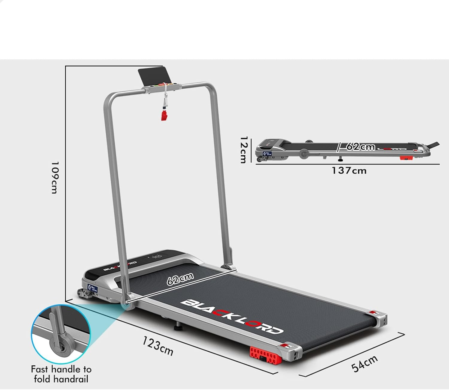 BLACK LORD Treadmill Electric Walking Pad under Desk 3.4HP with 3-Level Incline, Jogging Running Exercise Workout Machine with Bluetooth Control, Cardio Trainer for Home Gym Office, MS2-H Silver