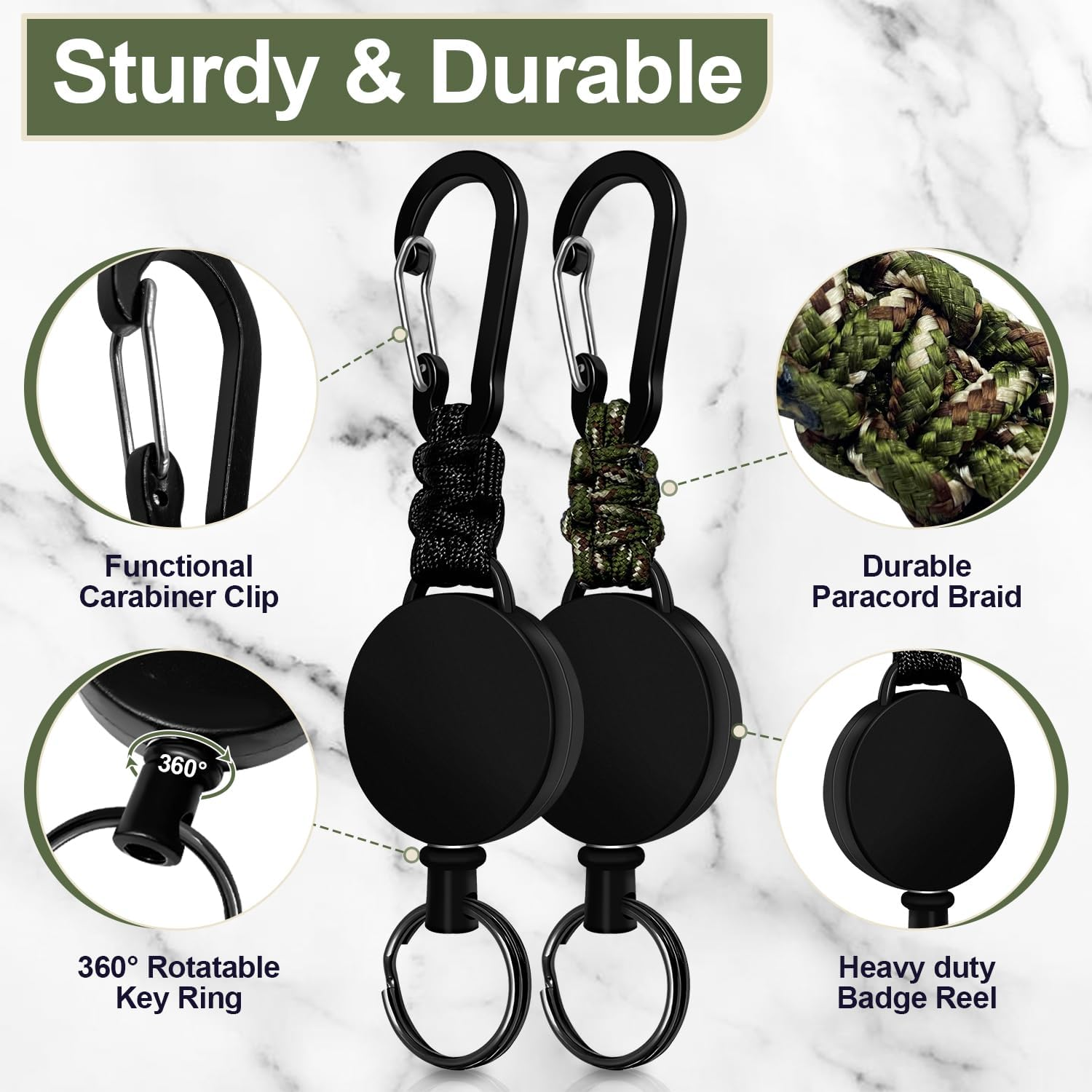 Retractable Keychain 2 Pack Heavy Duty Carabiner Badge Holder, Tactical ID Badge Reel Retractable Key Ring with 60 Cm Steel Extendable Cord and Paracord image number 3