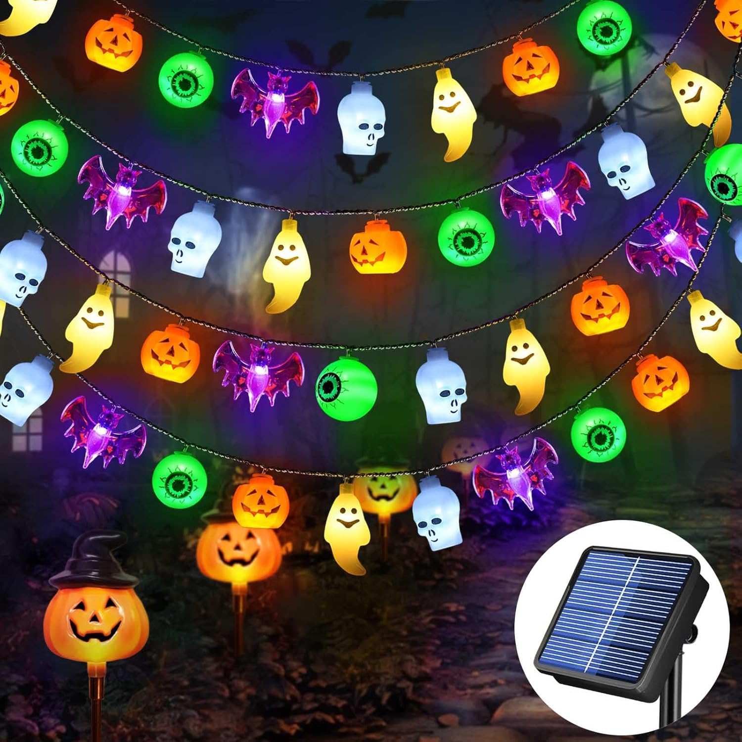 2024 Newset 5-IN-1 Solar Halloween String Lights for Outdoor Decor, Spooky Skull Bat Ghost Eyeball Pumpkin Lights for Halloween outside Window Door Golf Cart Camper Balcony Porch Railing Decorations image number 2