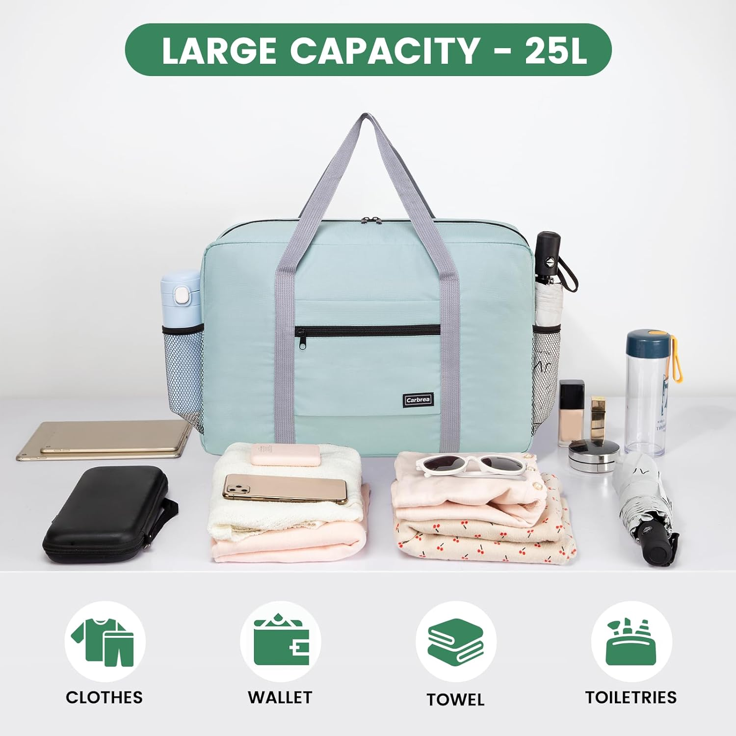 Personal Item Bag for Airlines - Foldable Travel Bag 18X14X8 Small Duffle Bag for Spirit Frontier Weekender Overnight - Green image number 5
