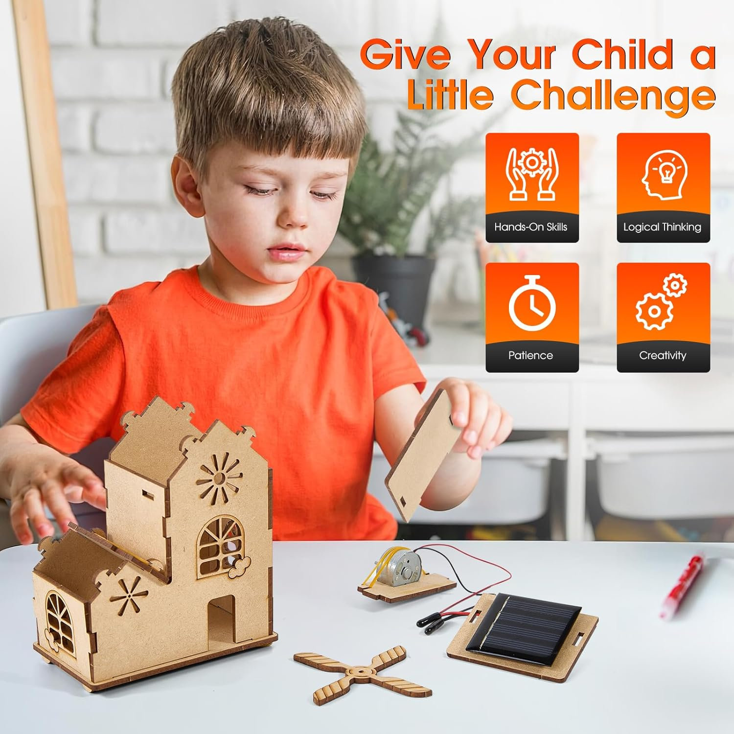 STEM Solar Windmill House Puzzle 丨3D Wooden Model Craft Kit,Diy Educational Science Building Toy & Renewable Energy Learning Project for Kids Ages 8-12 image number 2