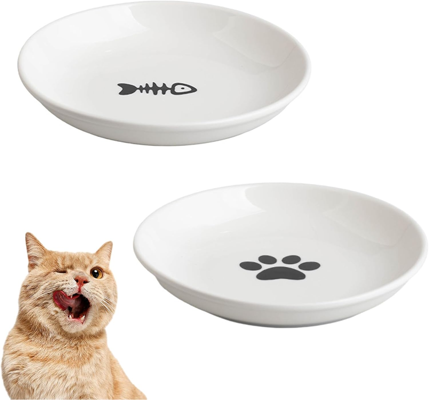 Pack of 2 Cat Bowls, Ceramic Cat Bowls, Feeding Bowl, Cat Bowl, Ceramic Flat Cat Plate for Cats, Small Dogs, 15 Cm Diameter image number 1