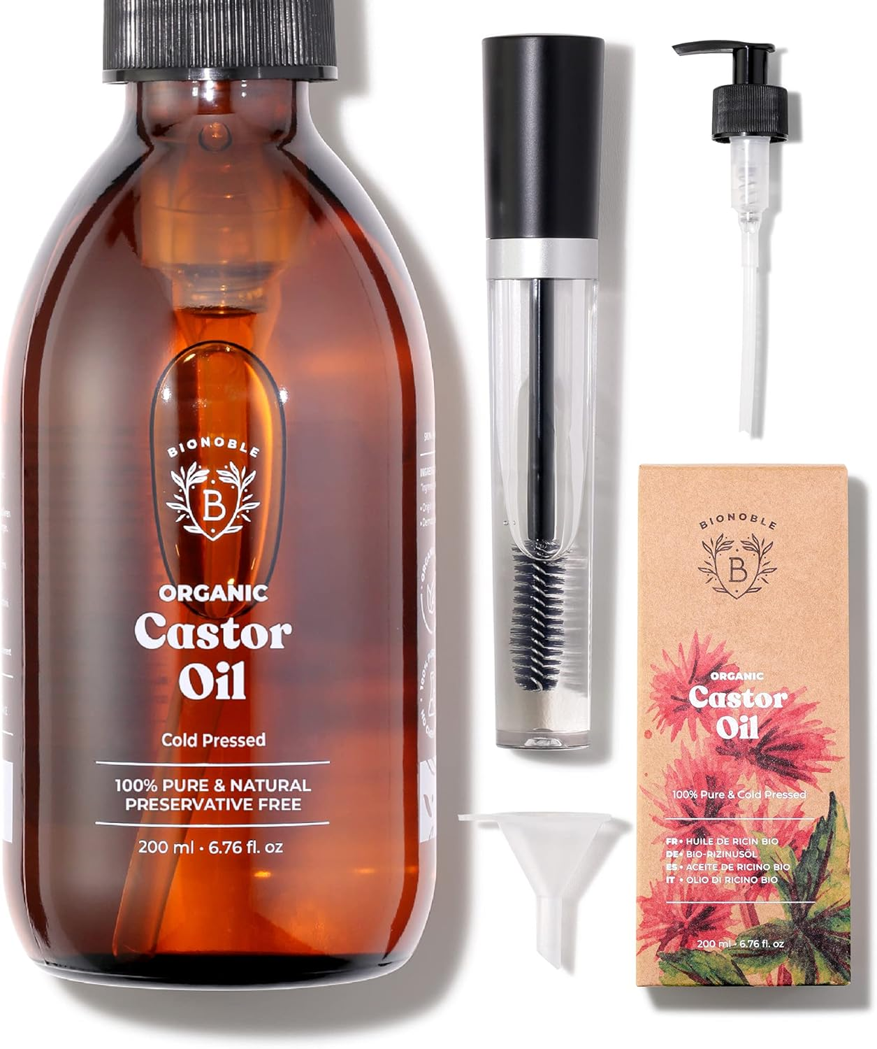 Bionoble Castor Oil Organic 500 Ml - 100% Pure, Natural, Cold Pressed - Eyelashes, Eyebrows, Hair, Beard, Nails - Vegan, Cruelty Free - Castor Oil - Glass Bottle + Pump + Mascara Kit image number 1