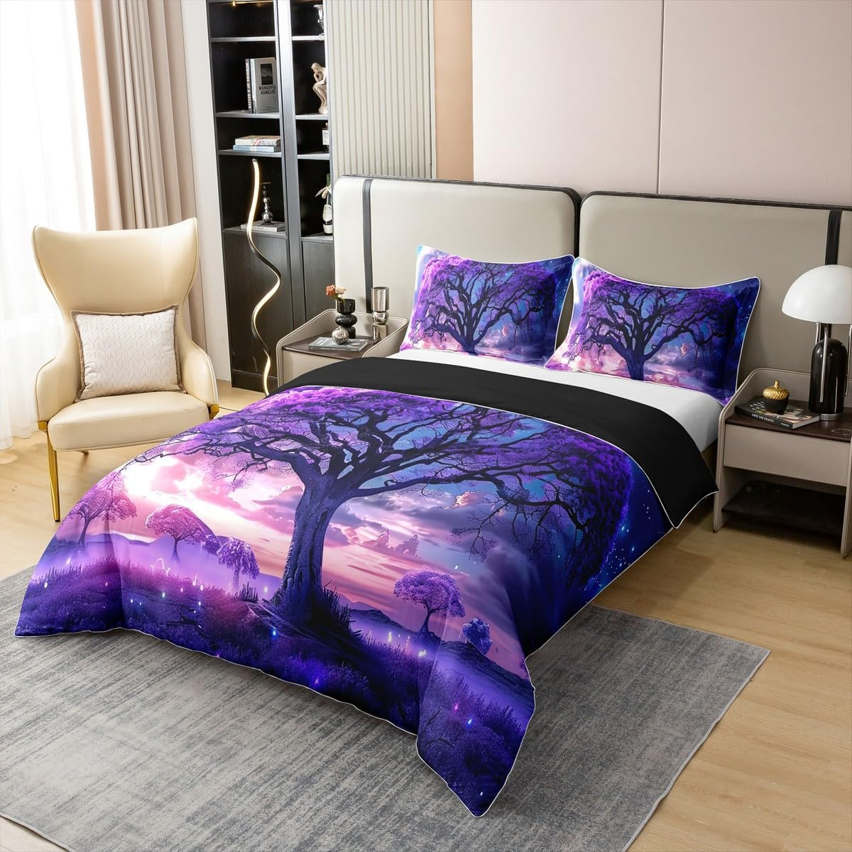 100% Cotton Trees Duvet Cover 135 X 200 Cm, Sunset Twigs Leaves Comforter Cover, Cloud Starry Sky Woodland Bedding Set, Purple Blue Pink Night Landscape Duvet Cover image number 3
