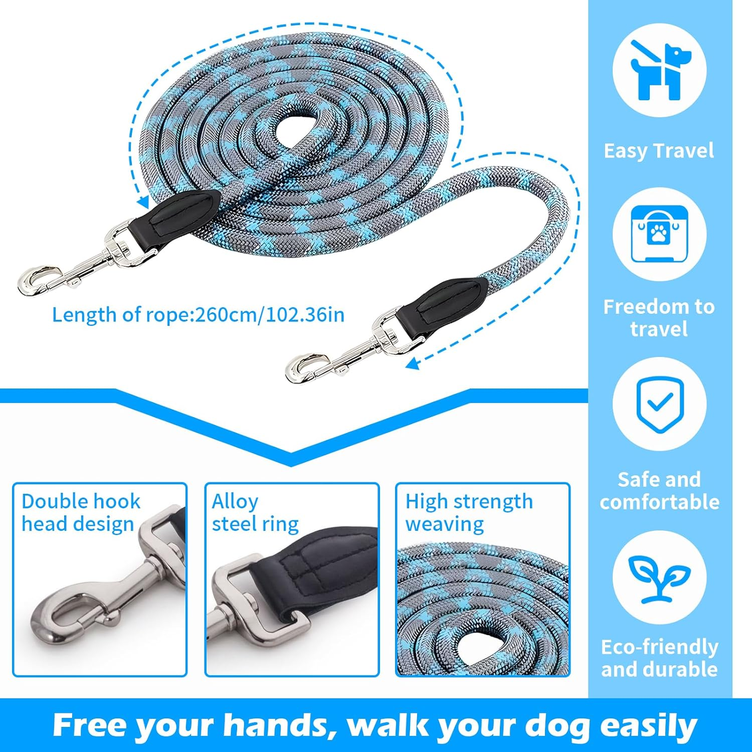 Multifunctional Dog Lead Hands-Free Dog Lead Strong Dog Training Lead 2.6 M Adjustable Dog Lead Double Lead Reflective Nylon Lead Pet Dog Lead for Walking, Running, Training image number 1