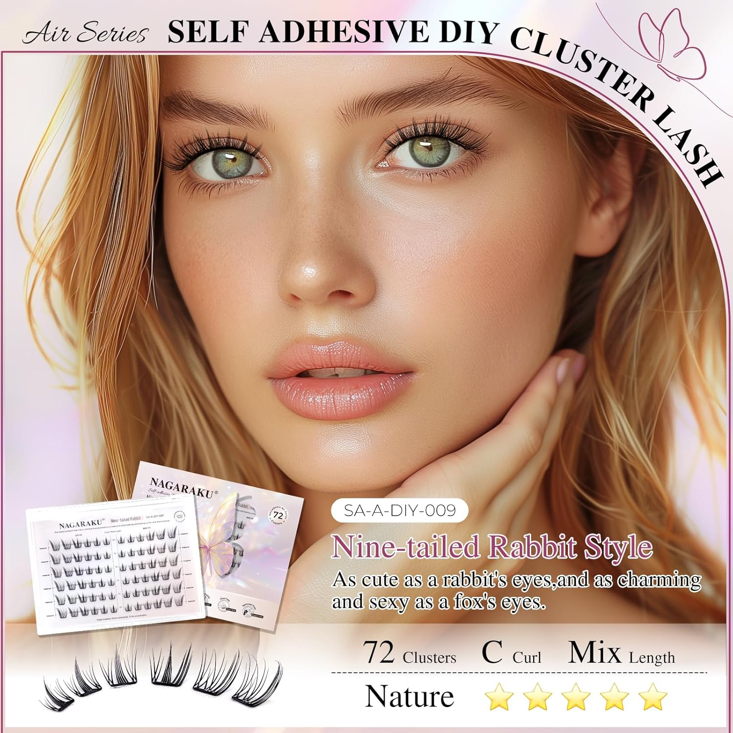 NAGARAKU Pre Glued Cluster Lashes Air Series Eyelashes Nine-Tailed Rabbit Style 72 Pcs No Glue Needed Pre-Bond Eyelashes Self Adhesive DIY Lashes（0.07Mm C Curl Mix Length) image number 6