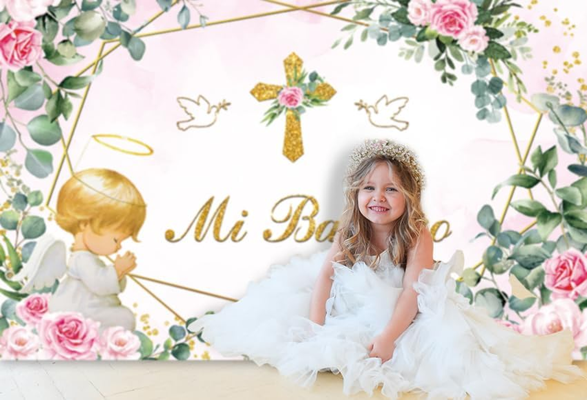 MEHOFOND 2.1 X 1.5 M Pink Girl Christening Background Angel Baby My Communion Cross Photography Background Dove Communion Church Christening Party Decoration Banner Studio Supplies image number 2