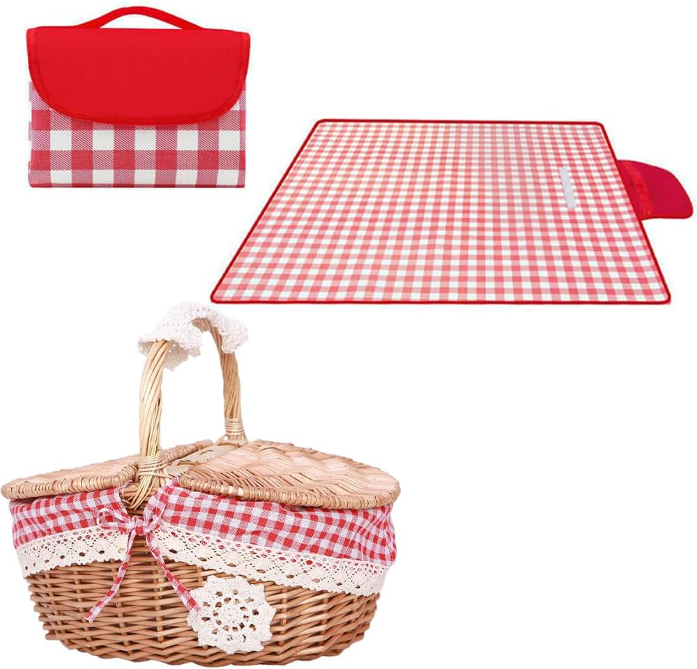 Picnic Basket, Woven Wicker Baskets,Hand Knit Storage Container,Portable Camping Organization,Handheld Rattan Decorative Hamper,Weaving Hamper,With a Picnic Mat image number 6