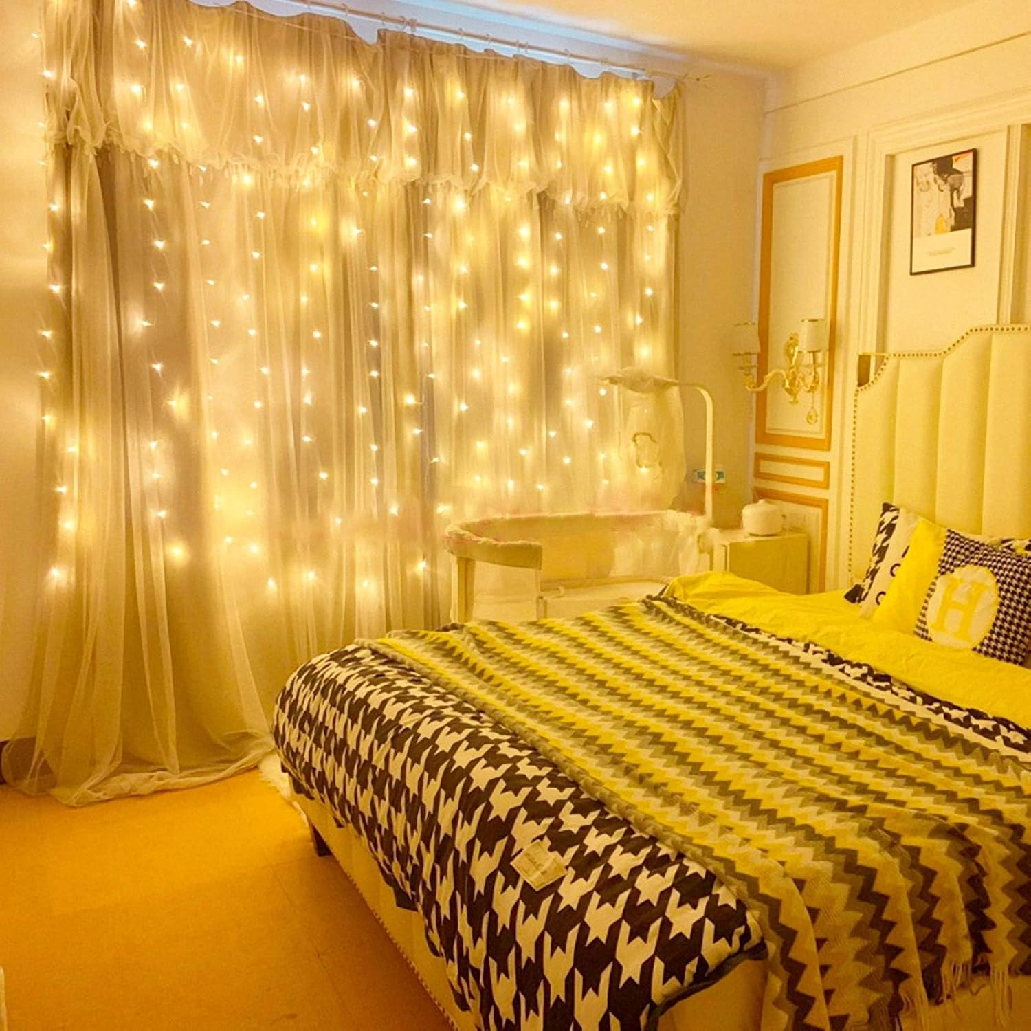 Harloon 300 LED Fairy Curtain Lights 2 Pack, 3Mx3M USB Plug-In 8 Modes Christmas Decoration, String Hanging Lights for Bedroom Backdrop Wedding Party Indoor Wall Decor, Warm White image number 1