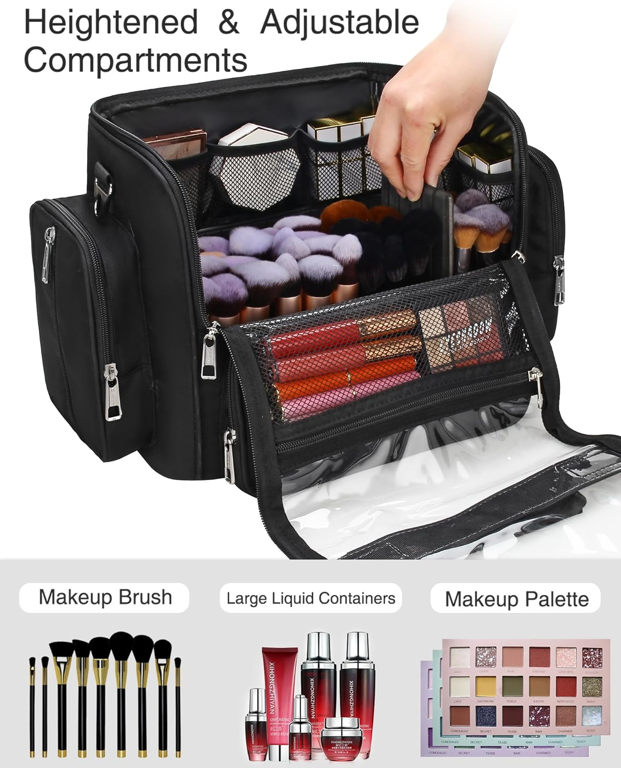 Large Makeup Organizer and Storage, Clear Travel Makeup Bag, Black Makeup Brush Holder Makeup Artist Essentials, Cosmetic Make up Bags for Women with Adjustable Dividers and Strap, Black, Makeup Brush Case
