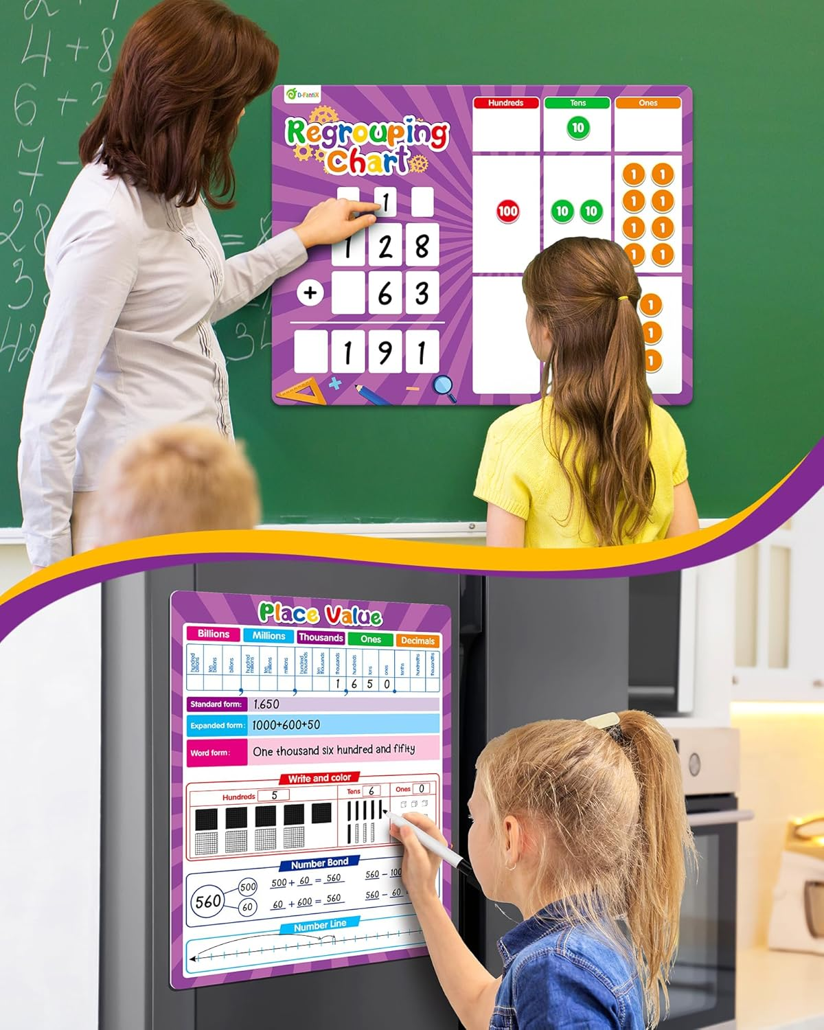 Regrouping Base Ten Place Value, Addition and Subtraction Math Manipulatives for 1St 2Nd 3Rd Grade, Double Sided Magnetic Dry Erase Board for Kids Classroom Must Haves Homeschool Supplies image number 6