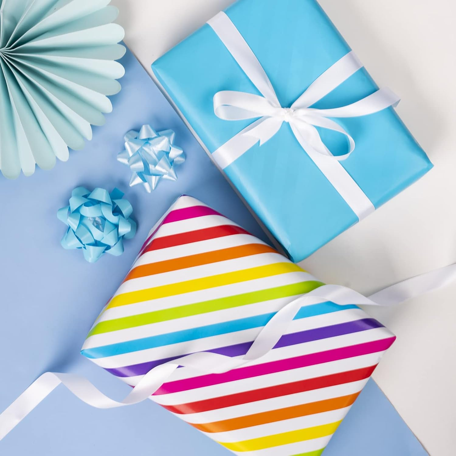 WRAPAHOLIC Reversible Wrapping Paper - Mini Roll - 17 Inch X 33 Feet - Rainbow Stripe and Solid Blue Design for Birthday, Celebration, Baby Shower image number 1