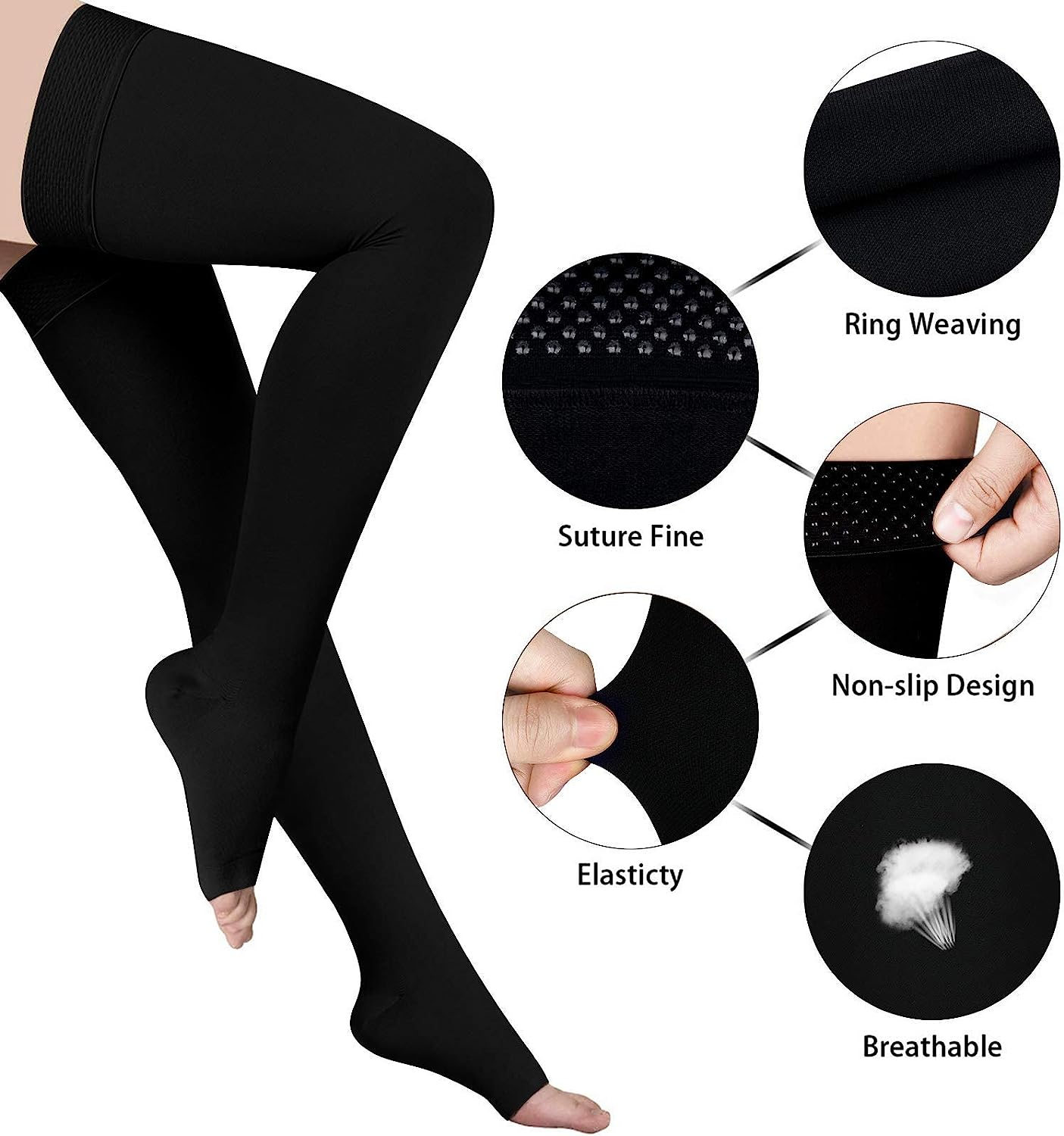 Thigh High 20-32 Mmhg Compression Stocking Toeless Compression Socks for Women & Men Circulation with Silicone Dot Band(Black, M), Black, Medium (1 Pair) image number 5