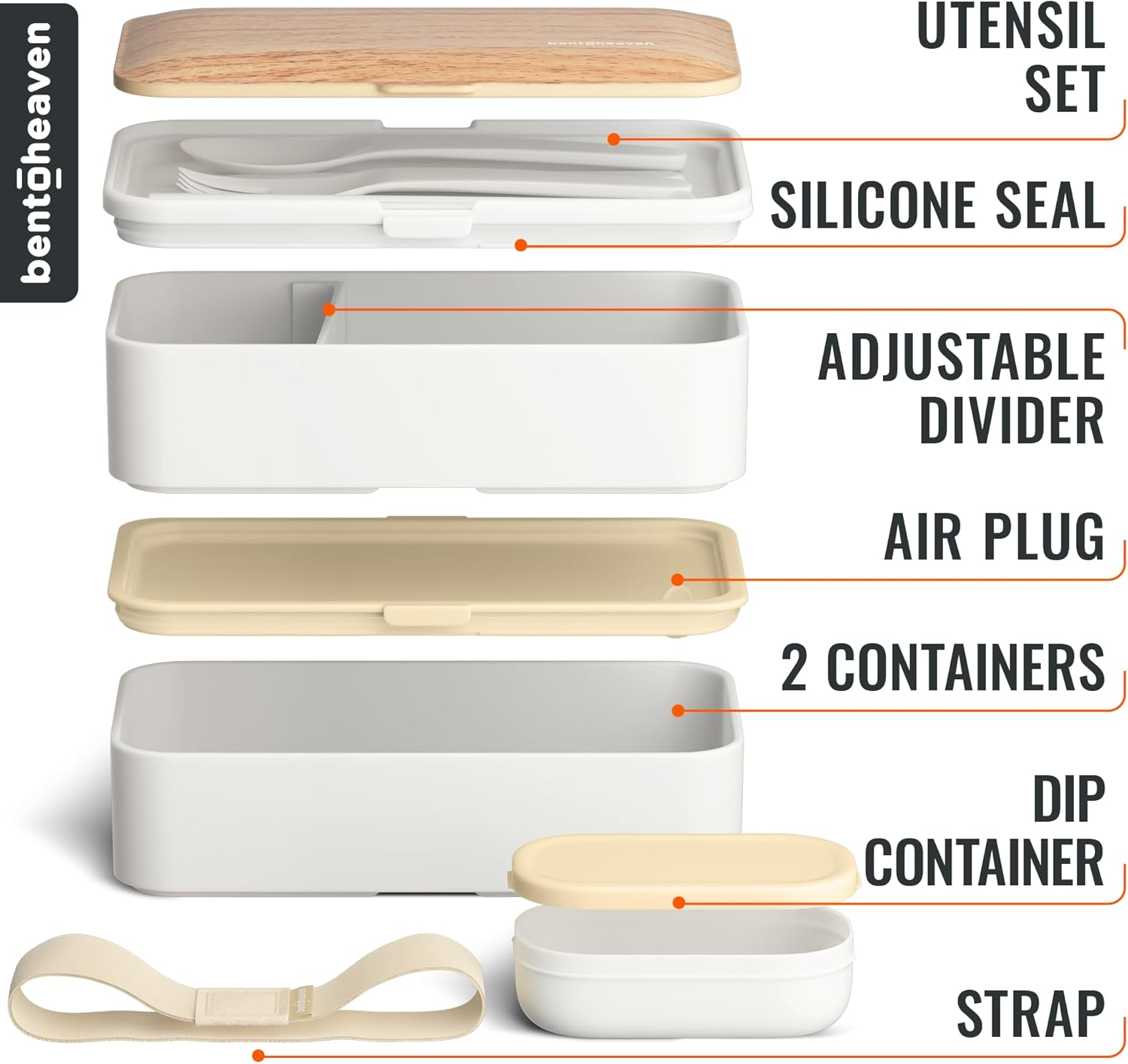 Bentoheaven Premium Bento Box Adult Lunch Box with 2 Compartments (1200Ml), Cutlery & Set of Chopsticks, Large Dip Container, Cute Black Japanese Bento Box, Rectangle, Microwavable (Bright Light) image number 3