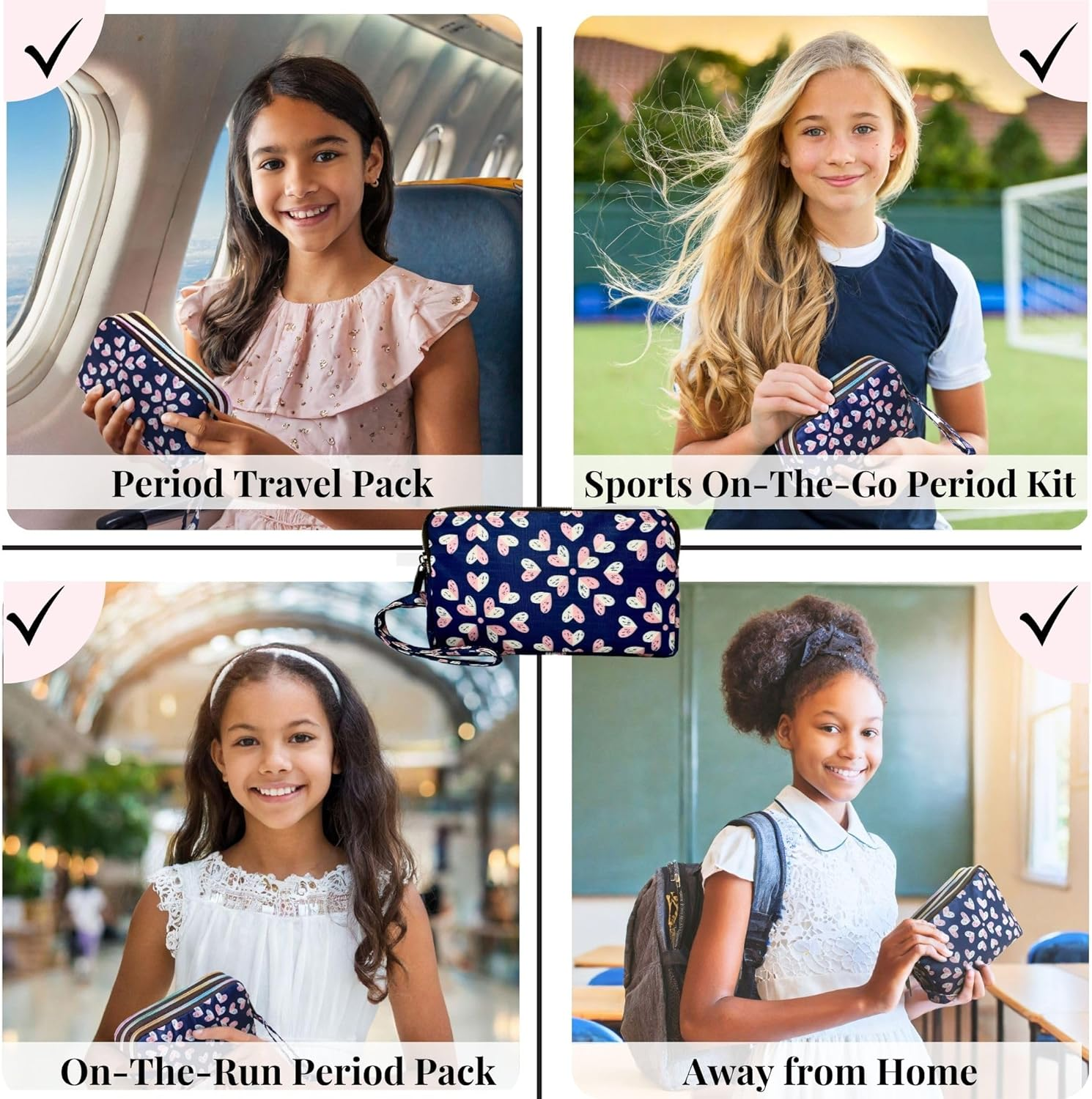 Mark and Lola&rsquo;S First Period Pal Pack To-Go Box | 31 Pcs | First Period Kit for Tweens | Teen Period Kit| Discrete Period Bag, Pads, Panty Liners, Period Kits for Tweens 10-12 (Hearts) image number 1