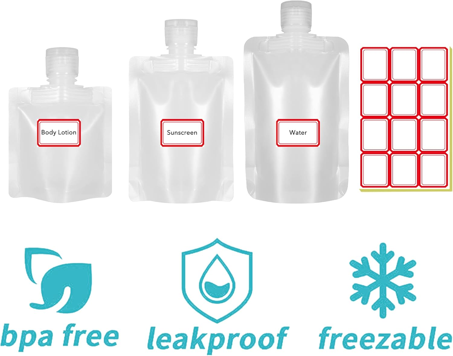 HQLESHUI 3 Sizes 30Ml/50Ml/100Ml Travel Size Refillable Empty Squeeze Pouch, Stand up Pouch for Toiletry, Lotion Shampoo Shower Gel Squeezable Bags, Leakproof Cosmetic Containers, Pack of 18, Pack of 18 image number 6