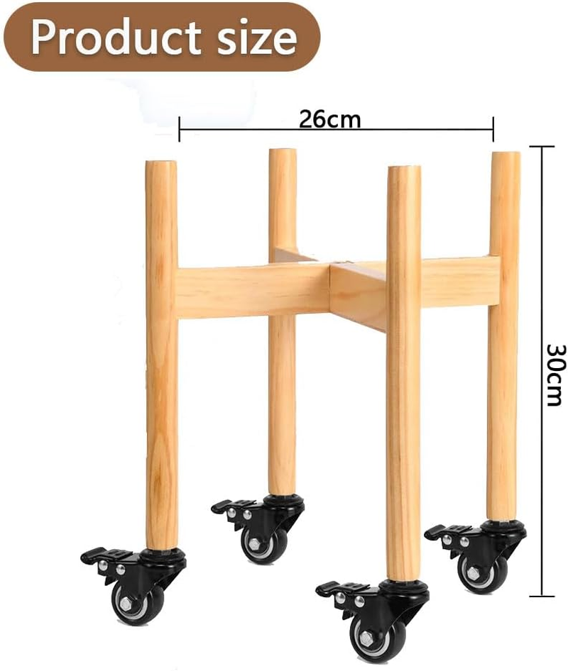 Wood Plant Stand with Wheels &ndash; Movable Plant Holder for 20&ndash;25 CM Pots, Indoor/Outdoor Rolling Flower Rack with Lockable Casters (Natural, 26 X 26 X 30 CM)