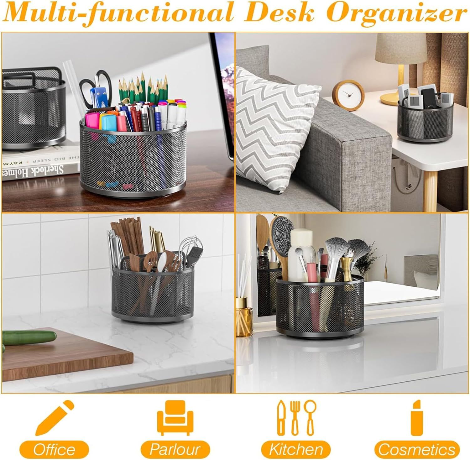 360-Degree Rotating Metal Desk Pencil Holder, 5-Slot Office Pen Cup Organizer for School, Home (Square) image number 3