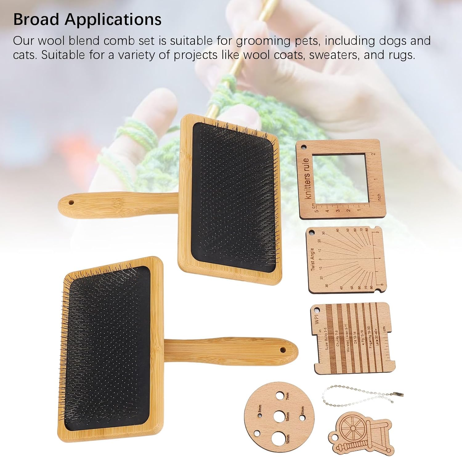 Wooden Knitting Measure Tool Set with Wool Blending Board Carding Brush Set, Wool Carders Hand Carders, Density Ruler for Wool Felting Supplies, Sewing Crafts image number 1