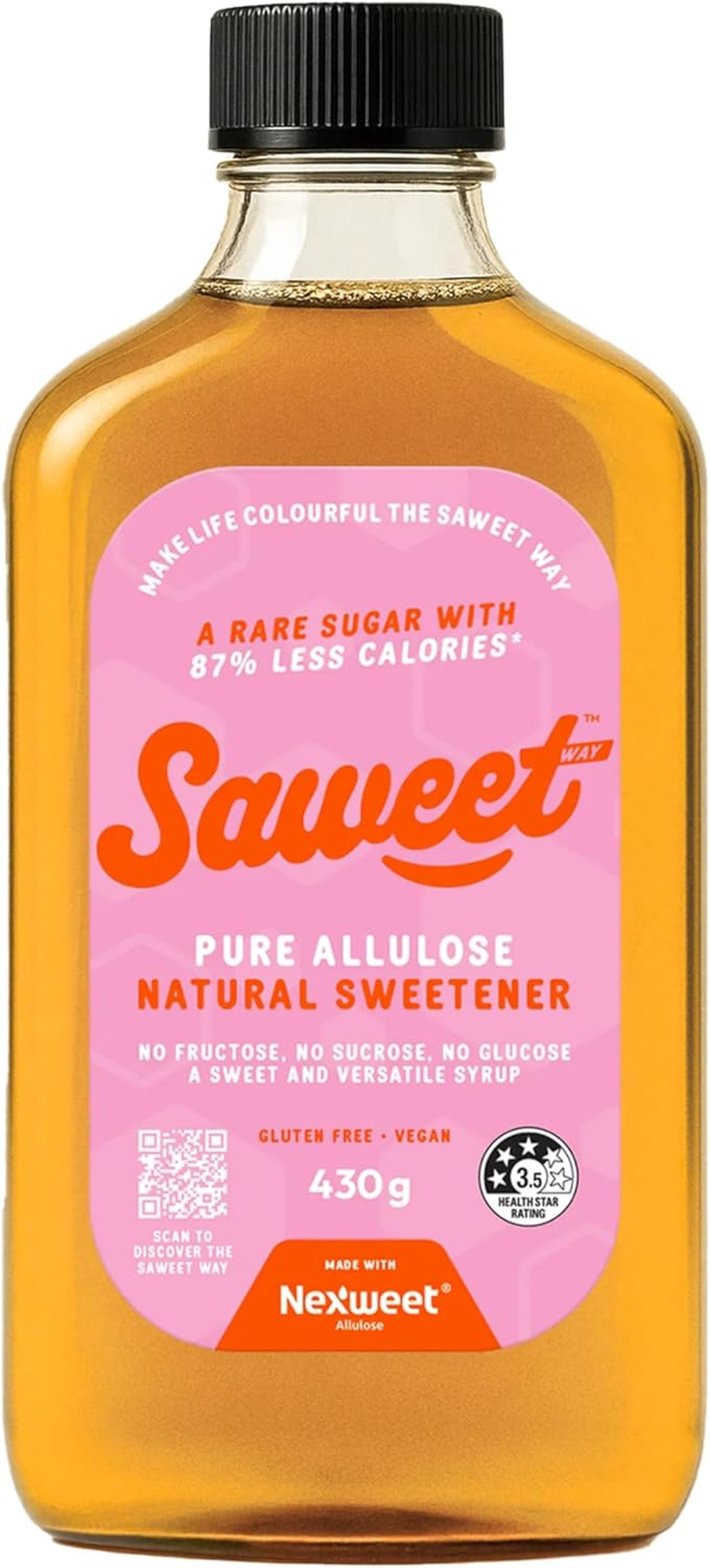 Saweetway Pure Allulose Syrup | 1 X 430G Bottle | Low Calorie Coffee Sweetener/Syrup Substitute for Pancakes, Smoothies Etc. Keto & Diabetic Diet Suitable, Vegan & Gluten Free | 87% Less Calories