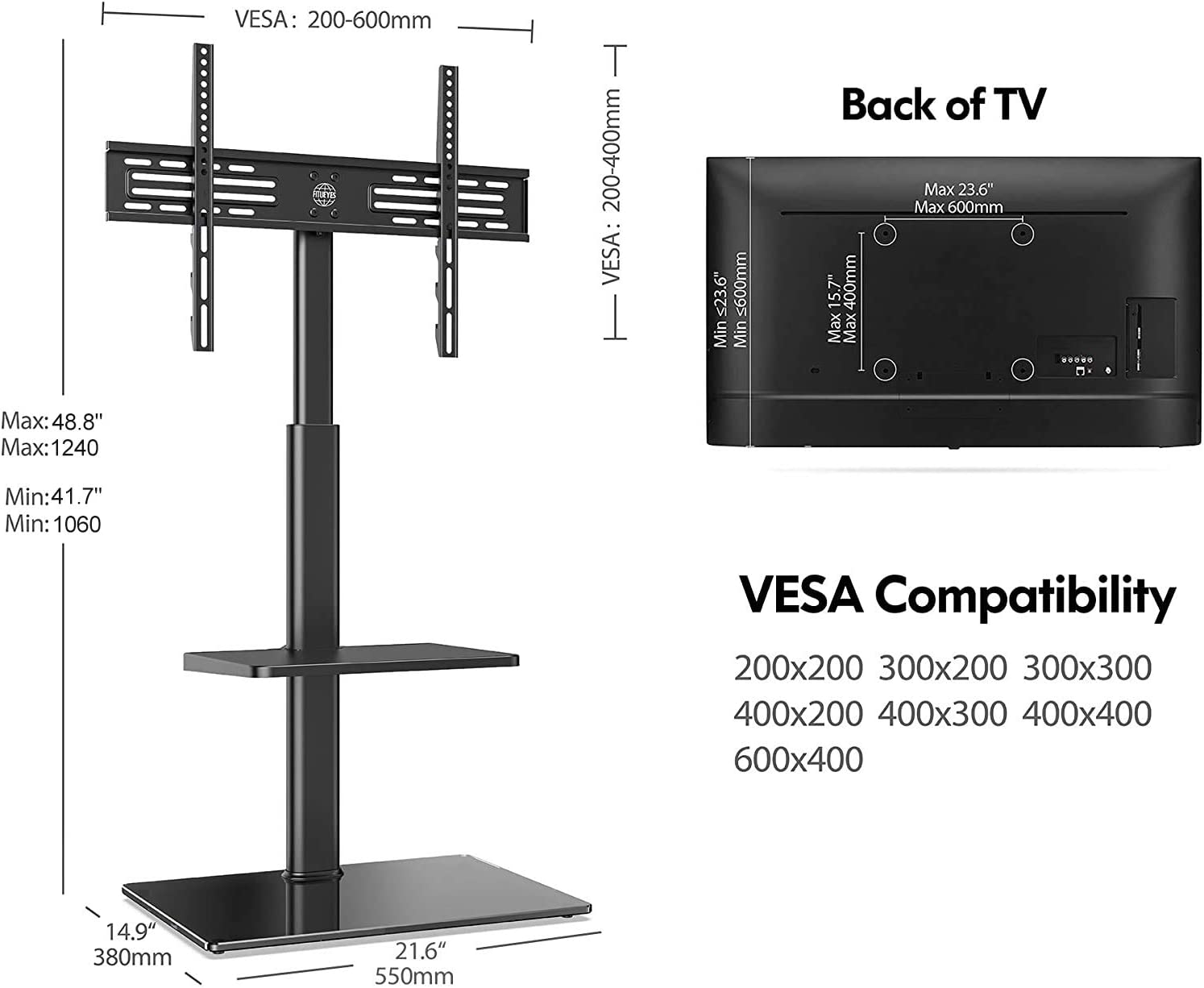 FITUEYES TV Stand with Mount for 32 to 60 Inch Flat Curved Screen Swivel and Height Adjustable with Cable Management Max VESA 600X400 Mm(Black) image number 1