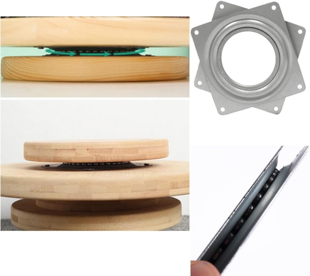 2 Pcs 4 Inch Lazy Susan Turntable Bearings Hardware，Square Rotating Bearing Plate for Serving Trays, Swivel Plate, Kitchen Storage Racks, Craft Table，Heavy Duty Metal Hardware TV Rack Desk Tool image number 4