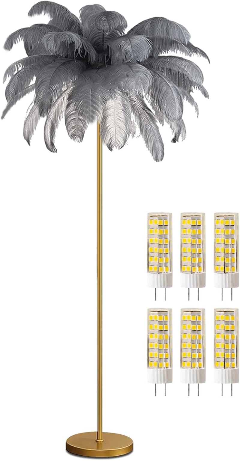 Anram Ostrich Feather Floor Lamp,Feather Standing Lamp Dimmable G4-LED Bulb Golden Lamp Body for Living Room Bedroom 160Cm Tall Reading Light