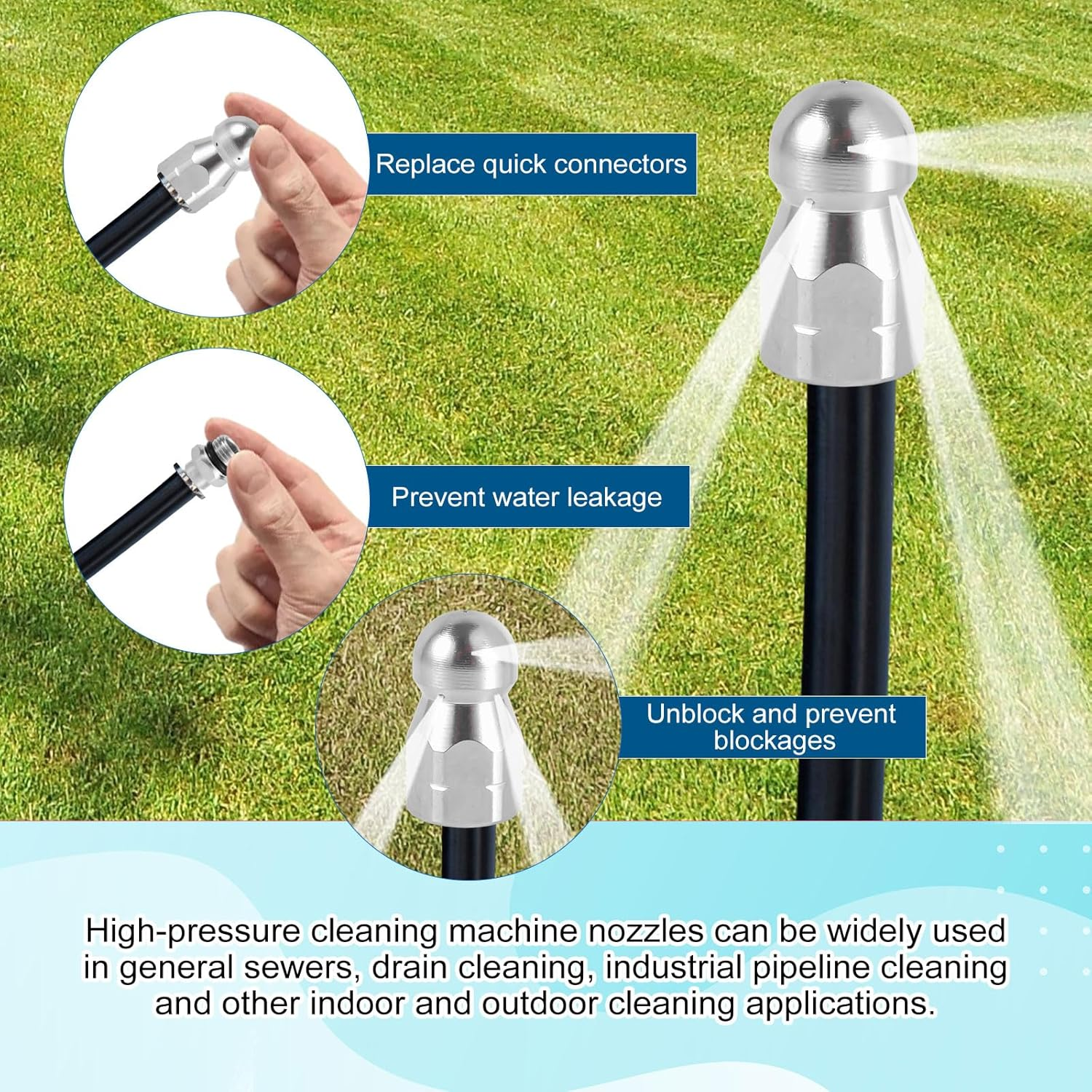 8Pcs Sewer Jetter Nozzle Kit with 1/4" NPT Quick Connectors & Tape, Stainless Steel Pressure Drain Jetter Hose Nozzle for Pressure Washer Sewer Cleaning Tool 5000 PSI