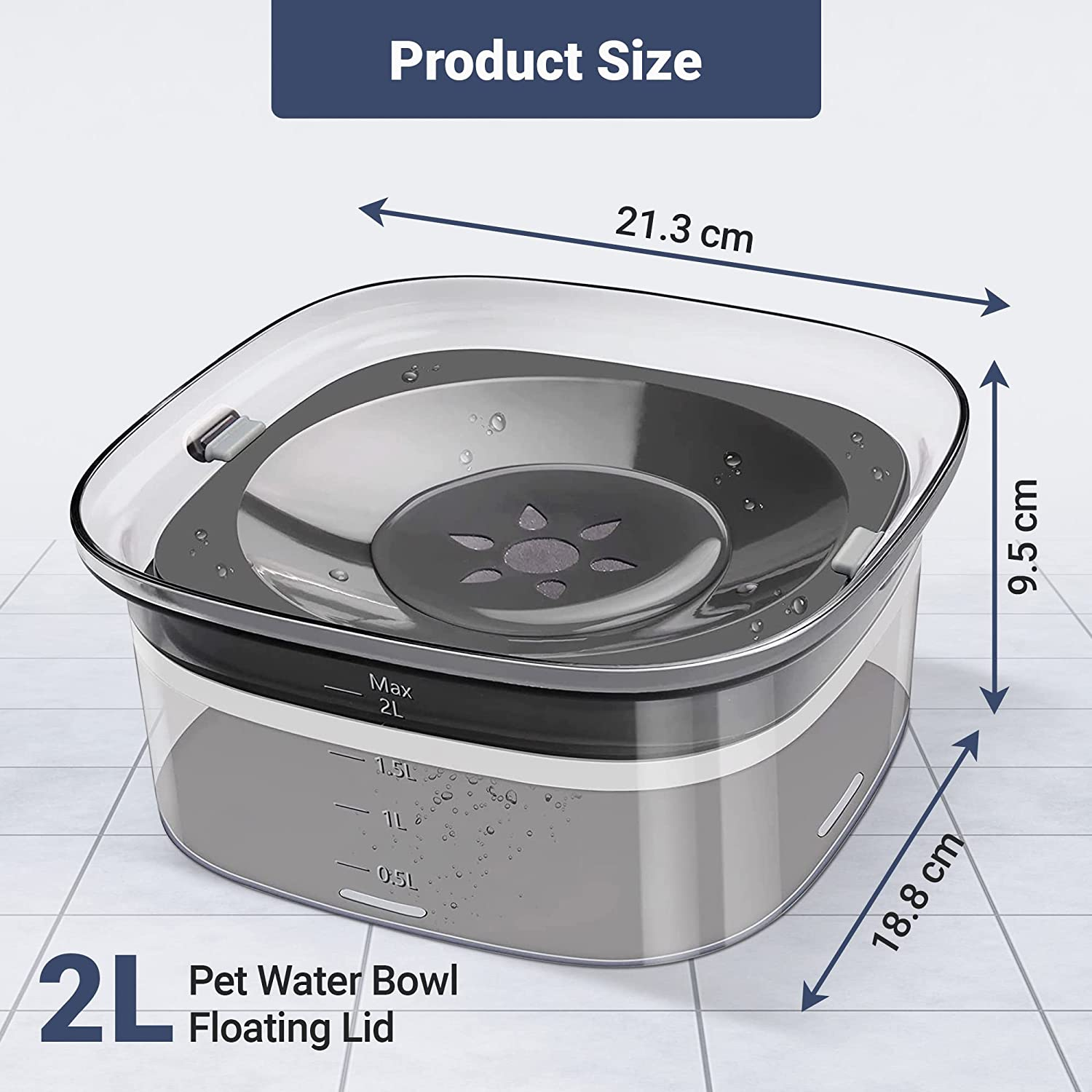 AUS Living Dog Water Bowl 2L No Spill with Non-Slip Mat, Large Capacity Floating Lid Slow Water Feeder, Avoid Mess and Slobber, Transparent Drinking Pet Water Dispenser for Home, Car. Keep Your Furry Friend Hydrated and Happy!