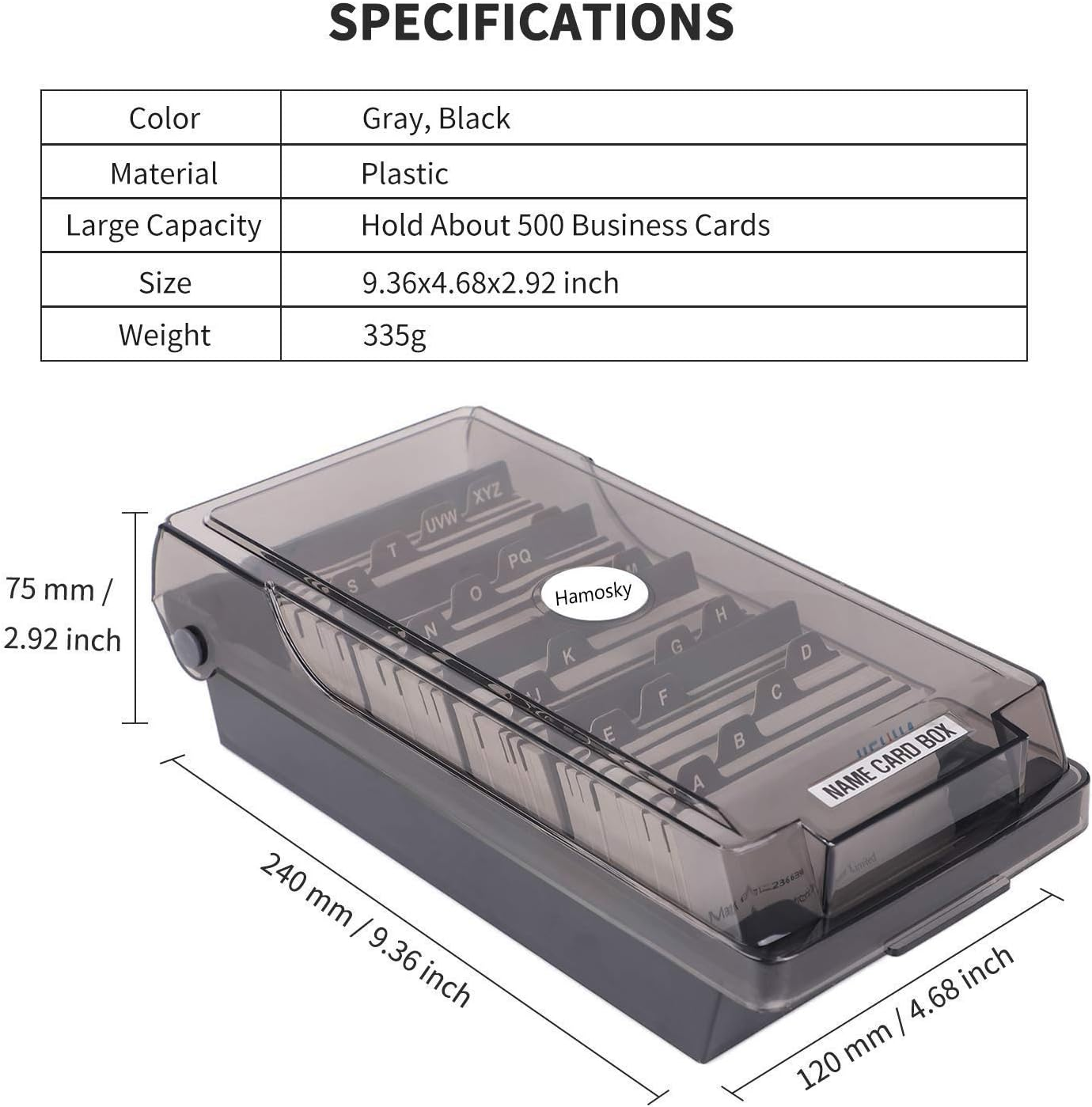 Hamosky Business Card Holder Box Business Card Box Business Card File Business Card Storage Business Index Card Organizer Rolodex, 500 Cards, Card Size: 2.2"X3.6", 4 Divider Board and A-Z Guides, Gray (4 Dividers)