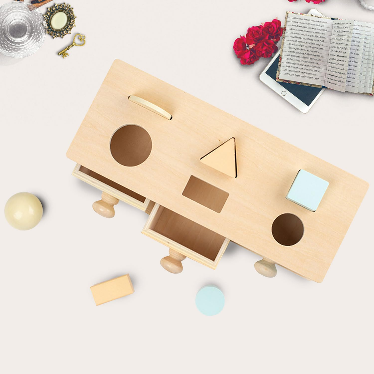 Montessori Multipurpose Drawer 3-In-1 Object Permanence Box Coin Box Shape Sorter Object Montessori Toy Shelf Permanence Toys for Babies Slide and Seek Ball Run Christmas Birthday for 12 Months + image number 3