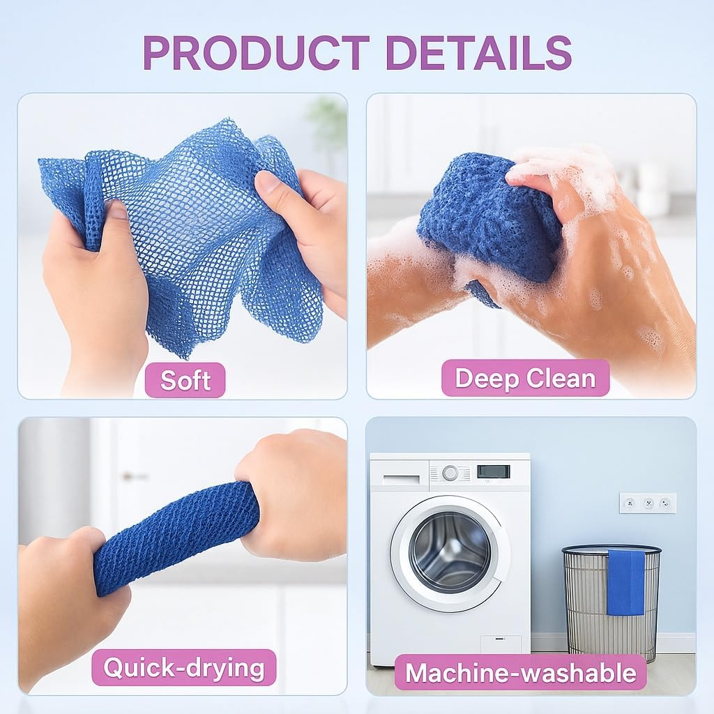 African Net Sponge Shower Body Scrubber for Back, Exfoliating Nylon Scrub Mesh, Quick Drying, Multiple Colors, Practical Bath Sponge for Men and Women, Compatible with Popular Bath Tools(3 Pieces) &ndash; Haheihei image number 1