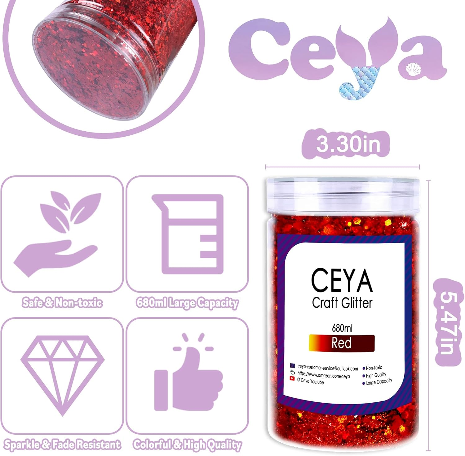 Ceya Holographic Chunky Glitter, 1 LB/ 16OZ Laser Red Bulk Craft Glitter Mixed Chunky Fine Glitter Bottled Metallic Flake Nail Sequins for Resin, Tumblers, Scrapbooking, Festival Decor, Art Project image number 2