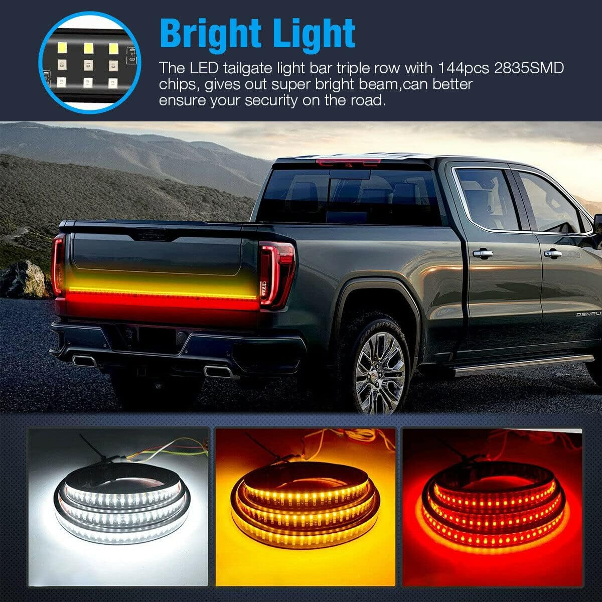 60In LED Tailgate Light Bar Strip for Pickup Truck 3-Color Red White Yellow Switchback, Sequential Turn Signal, Reverse, Brake, Tail Light Kit image number 1