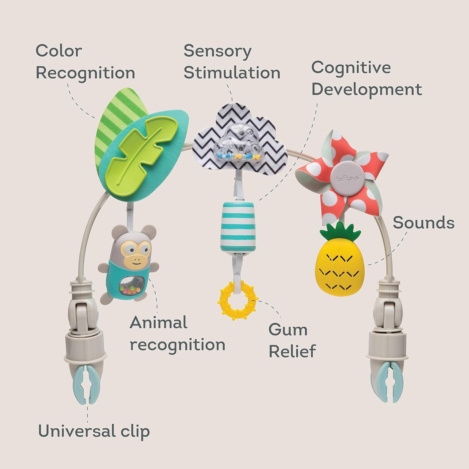 Taf Toys &lsquo;Tropical Orchestra Arch&rsquo; | Ideal for Infant & Toddlers, Fits Stroller & Pram, Activity Arch with Fascinating Toys, Stimulates Baby&rsquo;S Senses and Motor Skills Development, Easier Outdoors