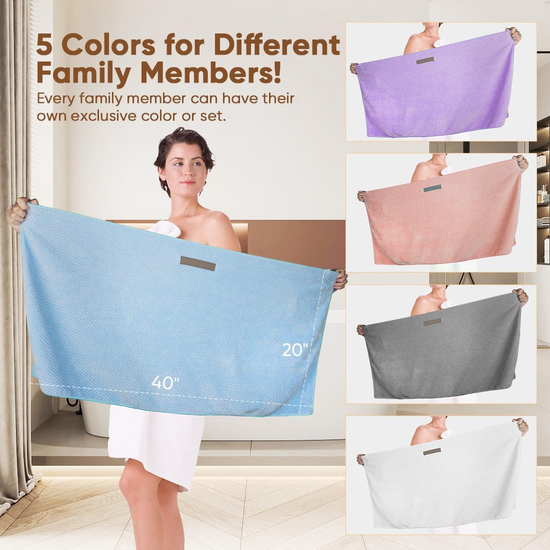 HOMEXCEL 5 Pack Microfiber Hair Towels - 40 X 20 Inches Super Soft, Fast Drying Turbans for Long, Thick, Curly Hair - anti Frizz Wrap with Elastic Strap