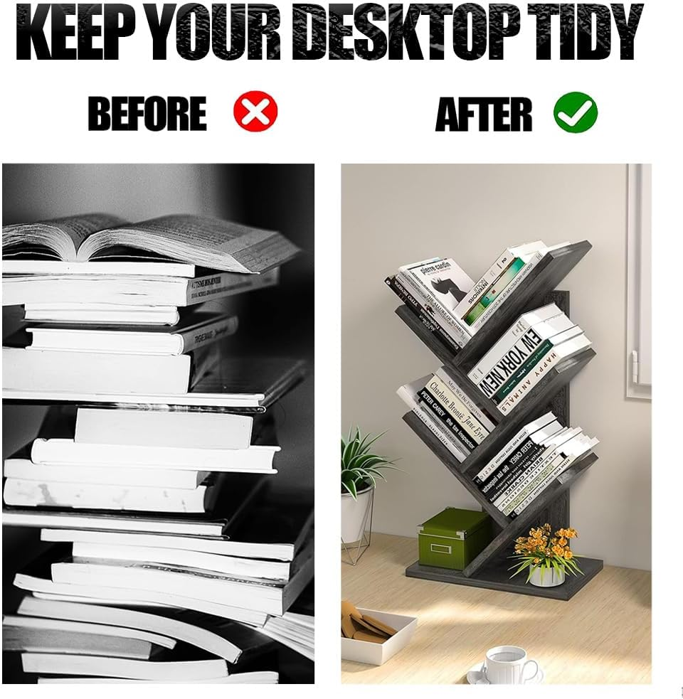 SHENMAIDAY 5 Layer Small Tree Shape Bookshelf, Book Storage Organizer, Desktop Book Display Rack for Books Magazines CD Freestanding Vintage Wooden Storage Rack for Home Office Bedroom (Black) - White image number 2