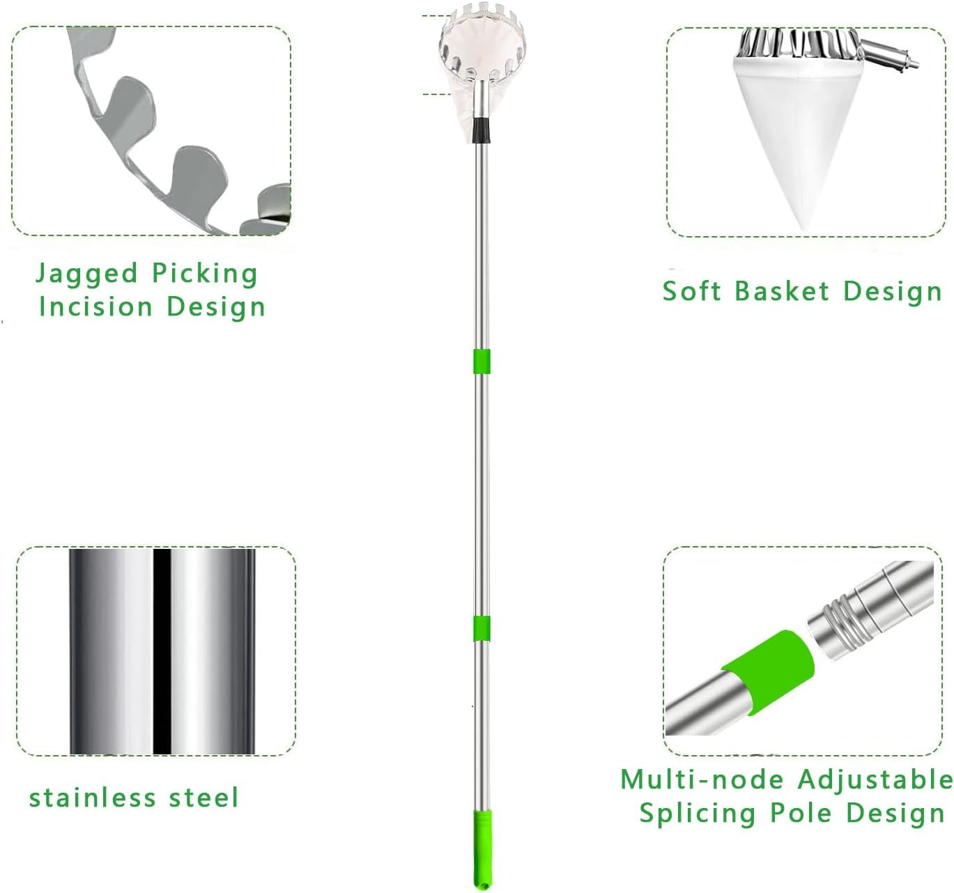 Fruit Picker Pole with Basket, 13 FT Adjustable Pole with Soft Bag for Apple, Pear, Lemon, Orange, Apricot, Mango, Limes, Nectarines, Grapefruit, Plums, Cherry, Persimmons Tree Picker image number 1