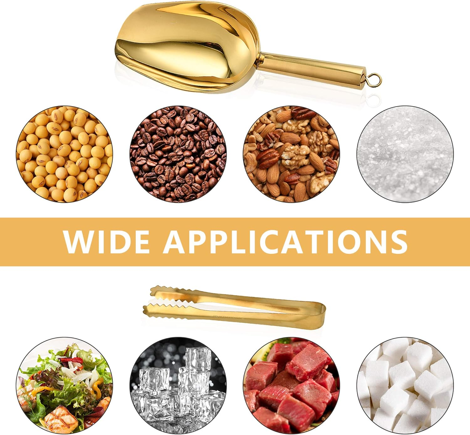 Stainless Steel Ice Scoop and Ice Tongs, Small round Bottom Bar Ice Flour Utility Scoop & Buffet Clip Kitchen Bar BBQ Party Wedding, Gold image number 5