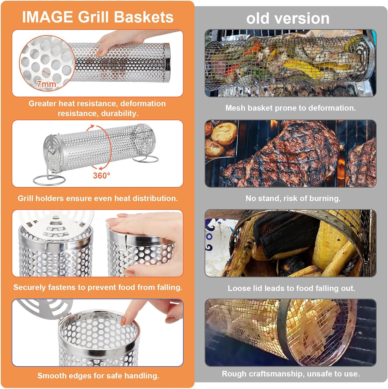 IMAGE Grill Basket, round Hole Rolling Grilling Baskets for Outdoor Grill Portable Grill Nets Cylinder with Reinforced Locking Clasp, 2-Pack 12 in Stainless Steel Grill Mesh Barbeque Grill Accessories image number 3
