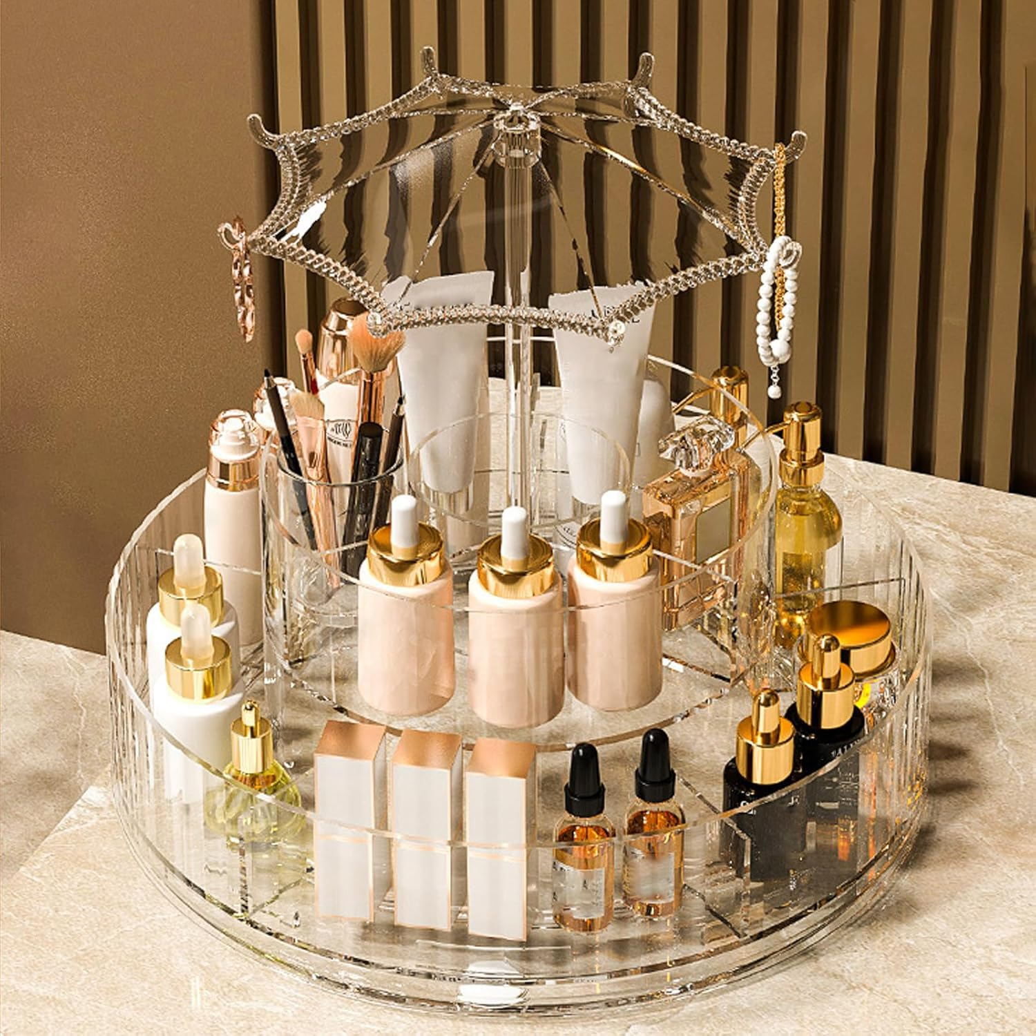 Taoluwin 360&deg; Rotating Makeup Organiser, 10-Compartment Makeup Storage Drawer Case with Detachable Base, Transparent Cosmetic Storage Case & Brush Holder for Bathroom Vanity image number 4