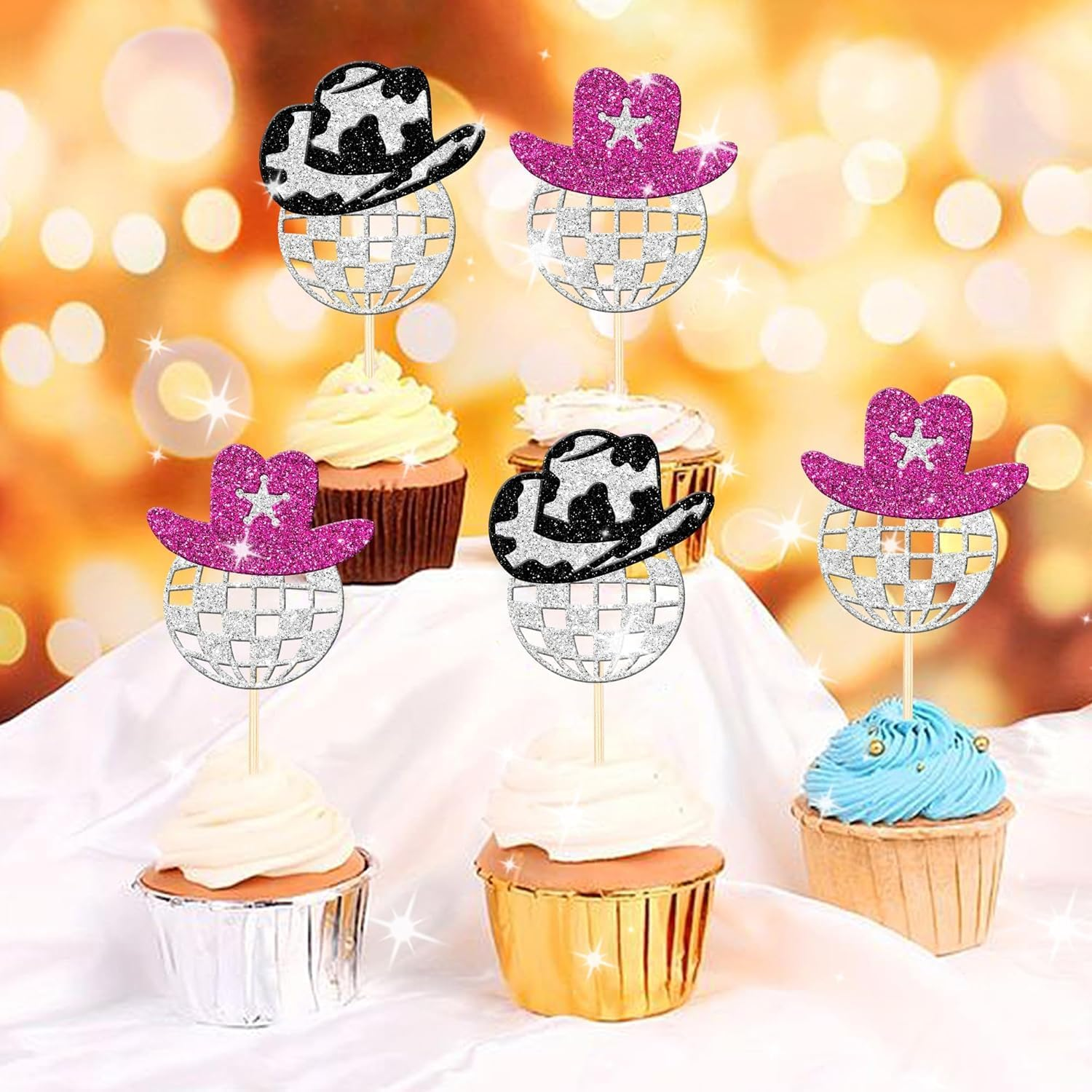 24 Pack Sparkling Disco Ball Cupcake Toppers Western Cowboy Hat Cupcake Picks Cowgirl 70S Disco Balls Cupcake Decorations for 1970S Music Disco Theme Birthday Party Cake Decorations Supplies (#1) image number 3