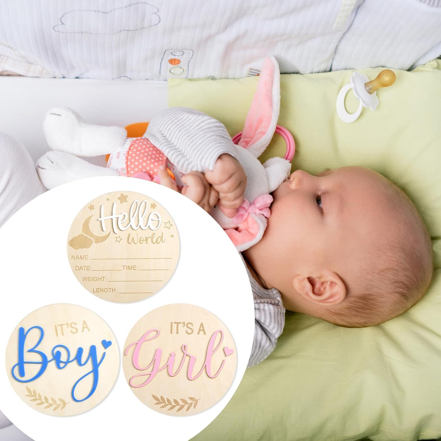 3Pcs Baby Announcement Sign, 5.83 Inch Gender Reveal Wooden Sign Acrylic Hello World Newborn Birth Baby Name Plaques It&rsquo;S a Boy It&rsquo;S a Girl Baby Arrival Sign for Hospital Baby Show image number 6