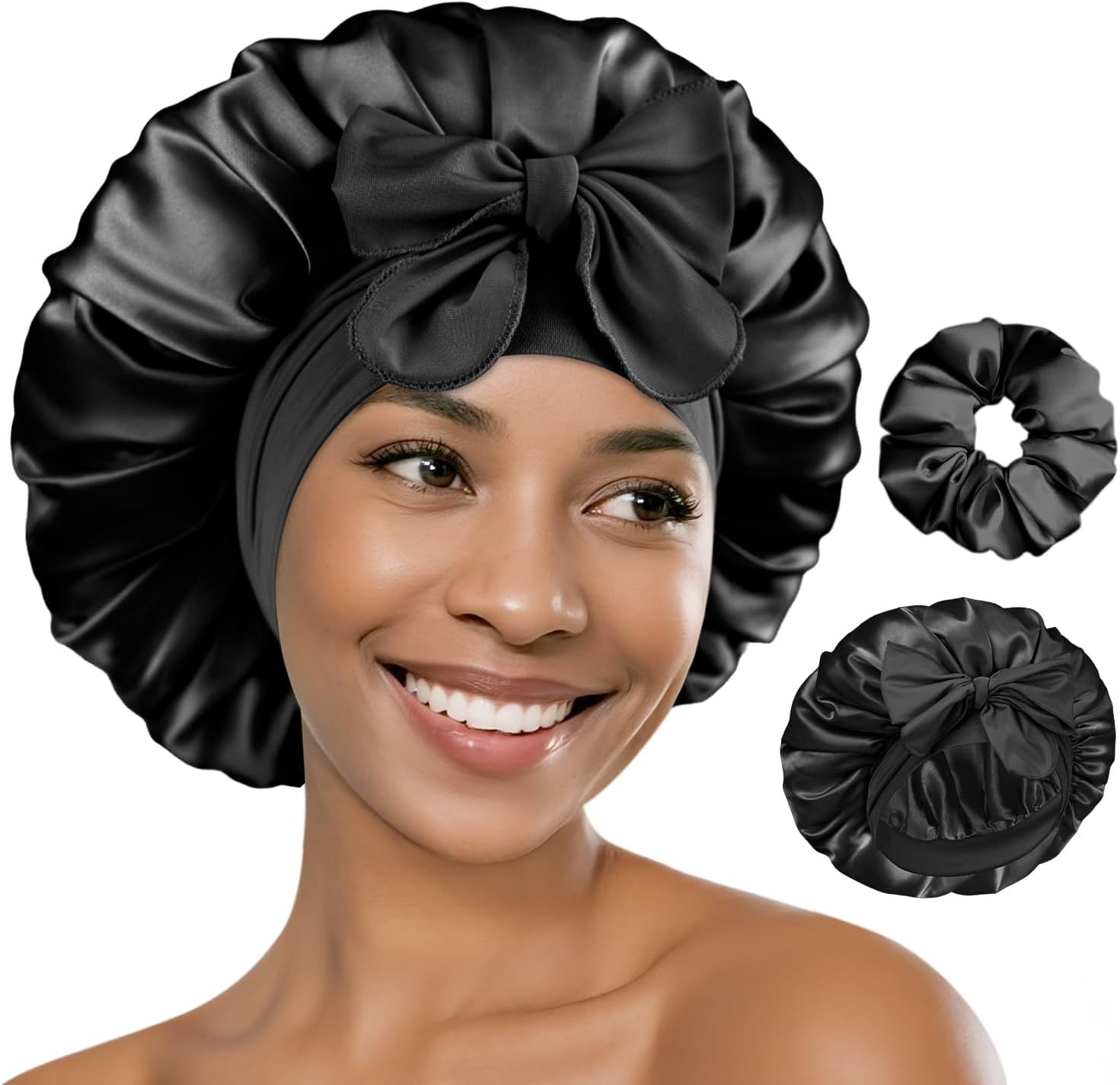 BONNET QUEEN Silk Bonnet for Sleeping Women HYALURONIC Acid Double Layer Satin Bonnet for Curly Hair with Tie Band & Scrunchie