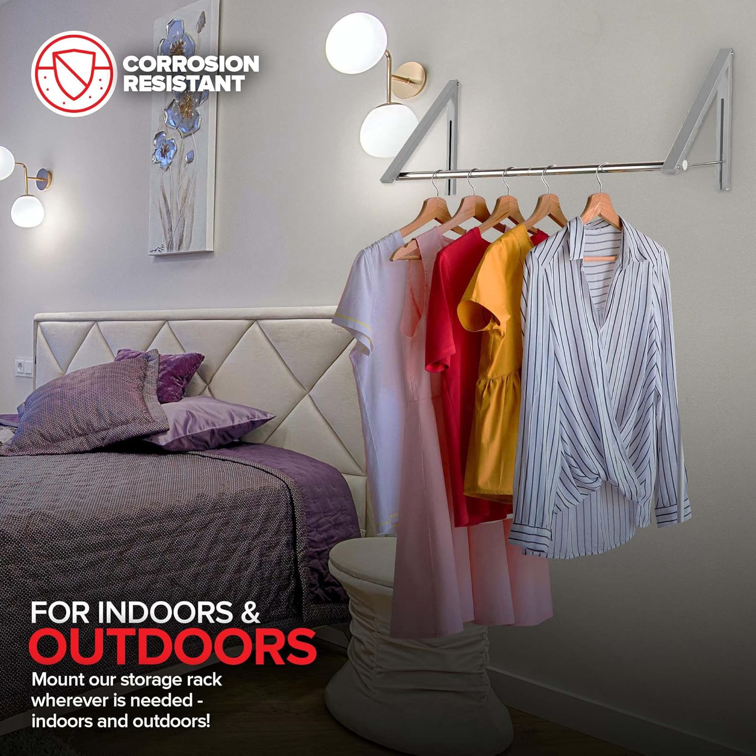 Stock Your Home Retractable Clothes Rack - Wall Mounted Folding Clothes Hanger Drying Rack for Laundry Room Closet Storage Organization, Aluminum, Easy Installation, 2 Racks with Rod (Silver) - White image number 4